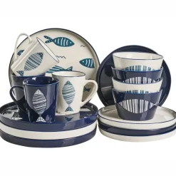 Serviessets-Leen Bakker TAMARIND - 16-delige serviesset - Wit/Blauw - Porselein