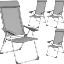 Kamperen En Outdoor-tectake 4 aluminium tuinstoel inklapbaar met hoofdsteun, Grijs