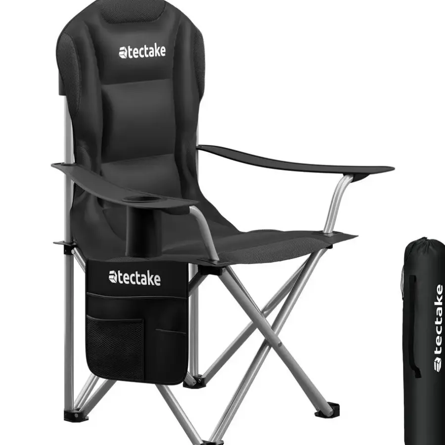 tectake - Gestoffeerde campingstoel MTX, opvouwbaar, met bekerhouder, Zwart