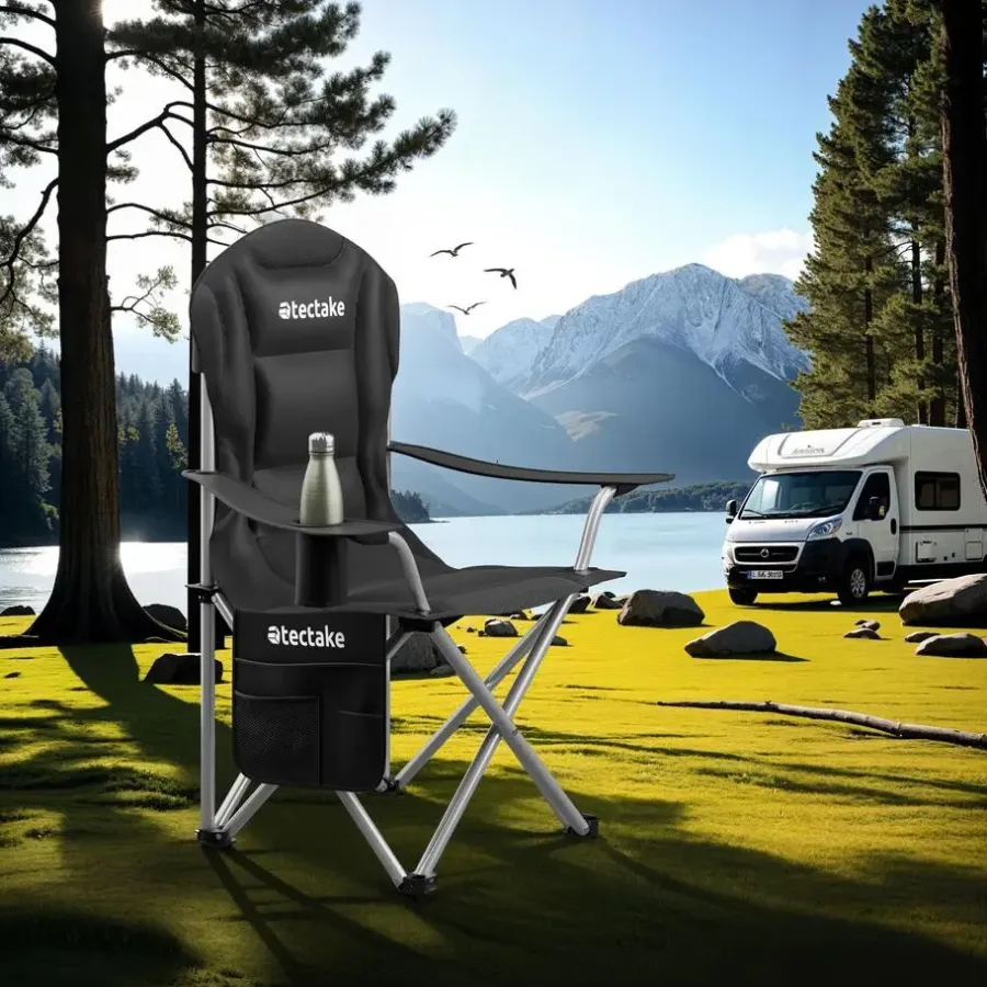 tectake - Gestoffeerde campingstoel MTX, opvouwbaar, met bekerhouder, Zwart