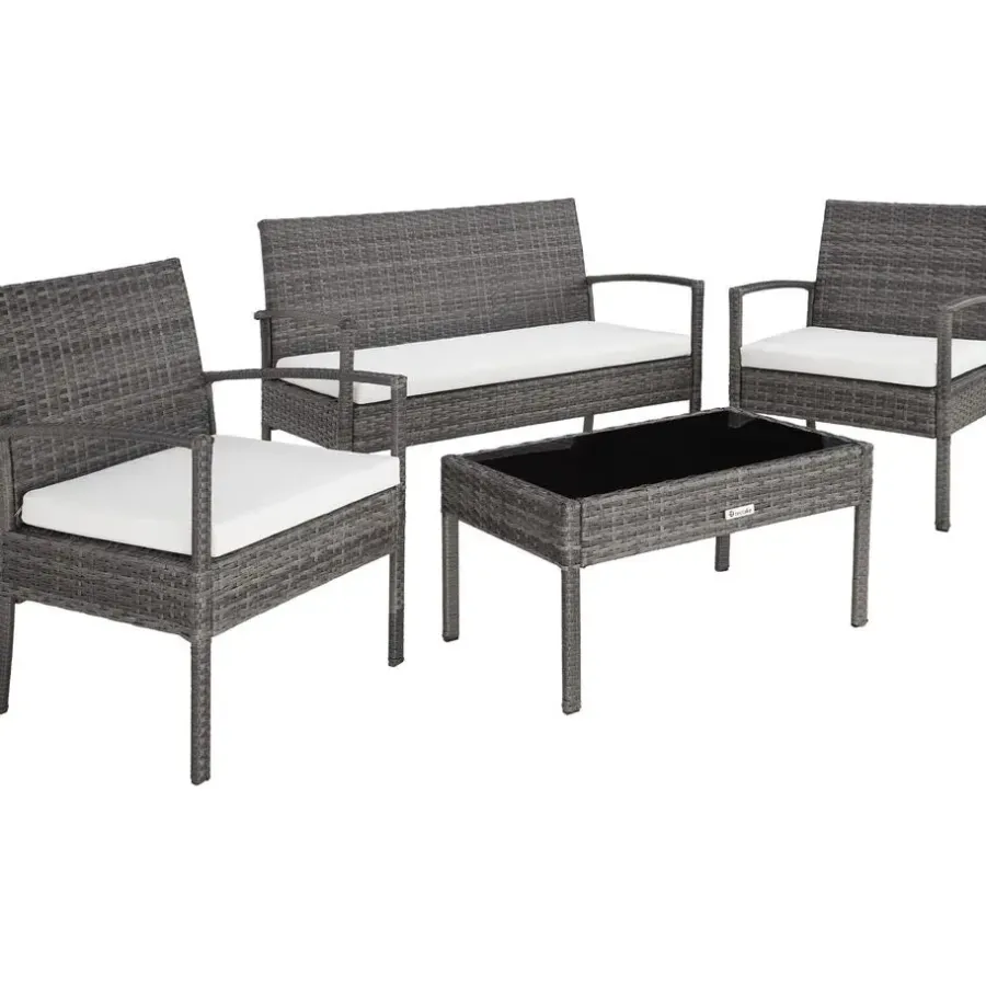 Loungesets-tectake - loungeset - bank, stoelen en tafel - wicker - grijs