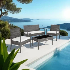 Loungesets-tectake - loungeset - bank, stoelen en tafel - wicker - grijs