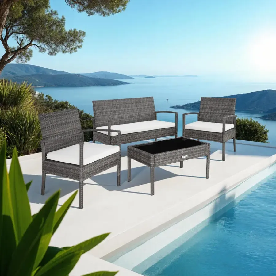 Loungesets-tectake - loungeset - bank, stoelen en tafel - wicker - grijs