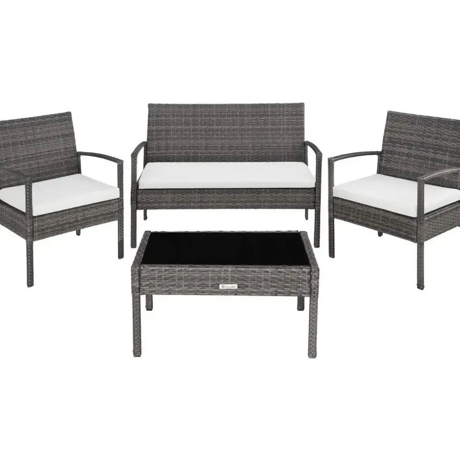 Loungesets-tectake - loungeset - bank, stoelen en tafel - wicker - grijs
