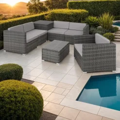 Loungesets-tectake - Loungeset Pisa met opbergbox kussens - wicker - grijs