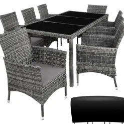 Tuinsets-tectake - tuinset 8 stoelen en tafel - wicker - grijs