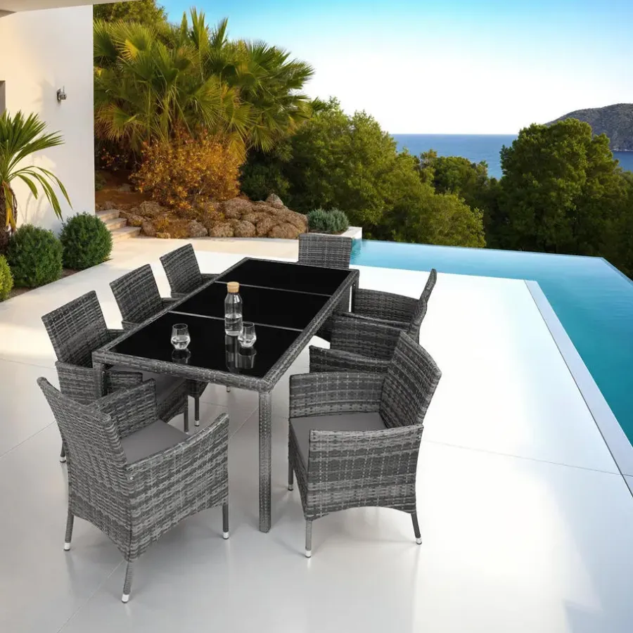 Tuinsets-tectake - tuinset 8 stoelen en tafel - wicker - grijs