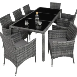 Tuinsets-tectake - tuinset 8 stoelen en tafel - wicker - grijs