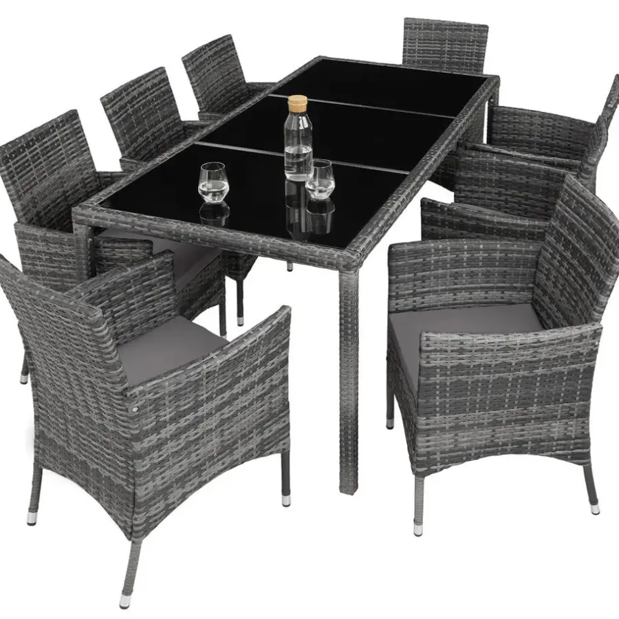 Tuinsets-tectake - tuinset 8 stoelen en tafel - wicker - grijs