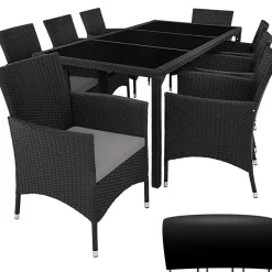 Tuinsets-tectake - tuinset 8 stoelen en tafel - wicker - zwart / grijs