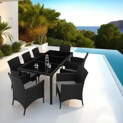 Tuinsets-tectake - tuinset 8 stoelen en tafel - wicker - zwart / grijs