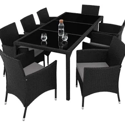 Tuinsets-tectake - tuinset 8 stoelen en tafel - wicker - zwart / grijs