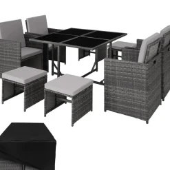 Tuinsets-tectake - tuinset Bilbao - wicker - incl. beschermhoes - grijs