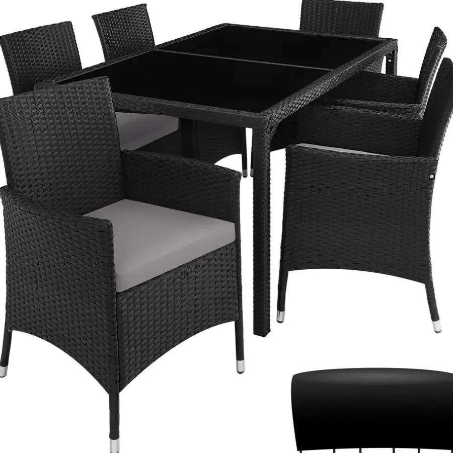 Tuinsets-tectake - tuinset Porto 6 + 1 - wicker - zwart / grijs