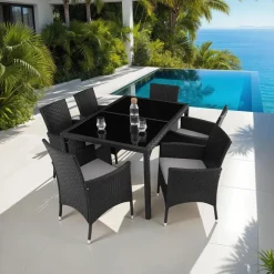 Tuinsets-tectake - tuinset Porto 6 + 1 - wicker - zwart / grijs