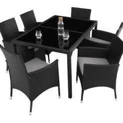 Tuinsets-tectake - tuinset Porto 6 + 1 - wicker - zwart / grijs