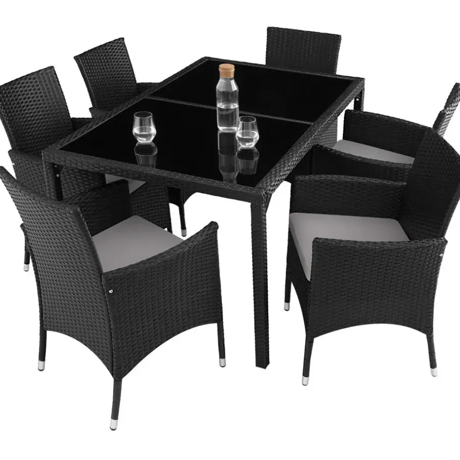 Tuinsets-tectake - tuinset Porto 6 + 1 - wicker - zwart / grijs