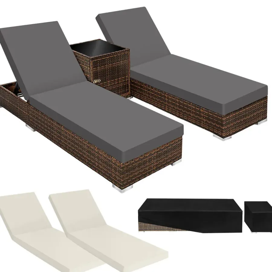 Ligbedden-tectake 2 wicker ligbedden met aluminium frame en tafel, inclusief beschermhoes