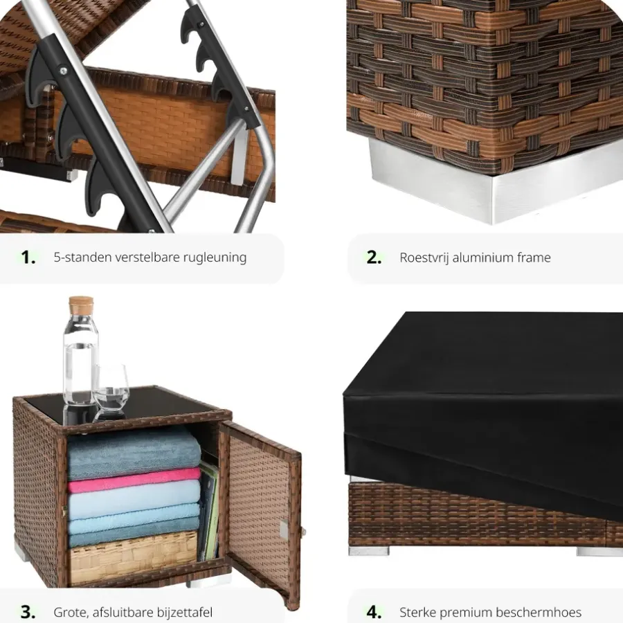 Ligbedden-tectake 2 wicker ligbedden met aluminium frame en tafel, inclusief beschermhoes