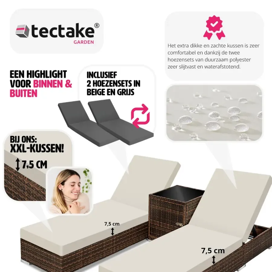 Ligbedden-tectake 2 wicker ligbedden met aluminium frame en tafel, inclusief beschermhoes