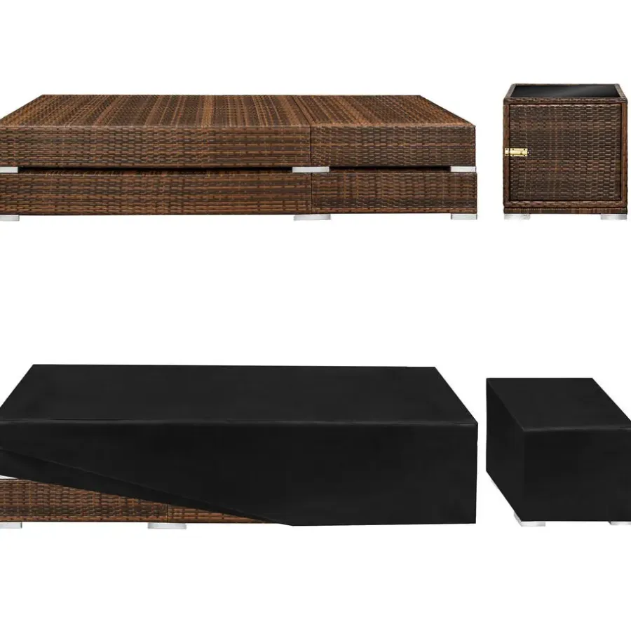Ligbedden-tectake 2 wicker ligbedden met aluminium frame en tafel, inclusief beschermhoes