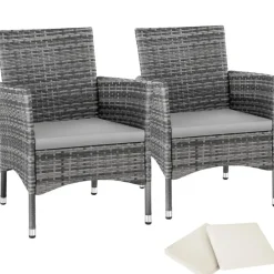 tectake 2 Wicker tuinstoelen met 4 kussenhoezen , Grijs/lichtgrijs