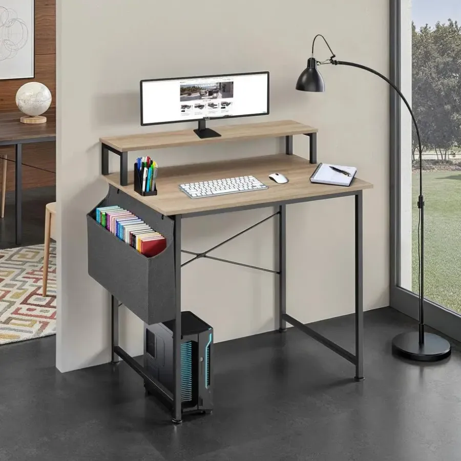 Bureaus-tectake Bureau met plank en organizer, Industrieel Licht Hout, Eiken Sonoma