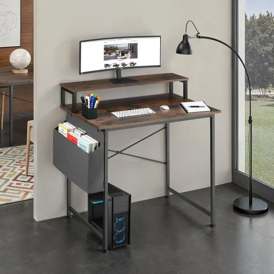tectake Bureau met plank en organizer, Industrieel Hout Donker, Rustiek