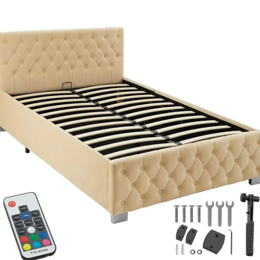 Twijfelaars-tectake Gestoffeerd bed met LED & opbergruimte, 120 x 200 cm, Beige