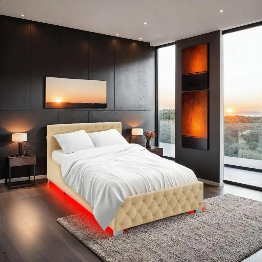 Twijfelaars-tectake Gestoffeerd bed met LED & opbergruimte, 120 x 200 cm, Beige