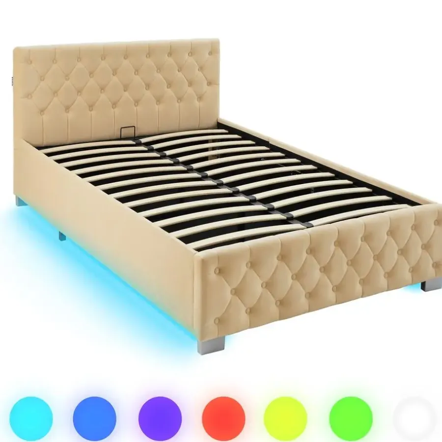 Twijfelaars-tectake Gestoffeerd bed met LED & opbergruimte, 120 x 200 cm, Beige
