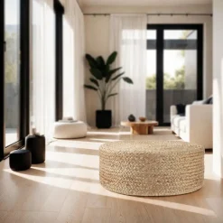 Poefen-tectake Handgemaakte poef Banno Elipse van jute, rond, boho-stijl, Beige