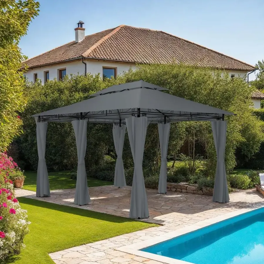 Terrasoverkappingen-tectake Luxe tuinpaviljoen Emine 4x3m met 6 zijdelen, Antraciet