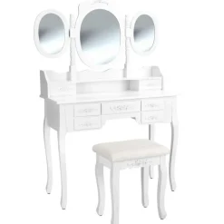Kaptafels-tectake Makeup-tafel met 7 lades, spiegel en hocker in antieke look, Wit
