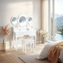 Kaptafels-tectake Makeup-tafel met 7 lades, spiegel en hocker in antieke look, Wit