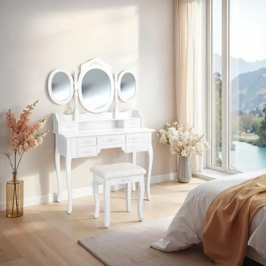 Kaptafels-tectake Makeup-tafel met 7 lades, spiegel en hocker in antieke look, Wit