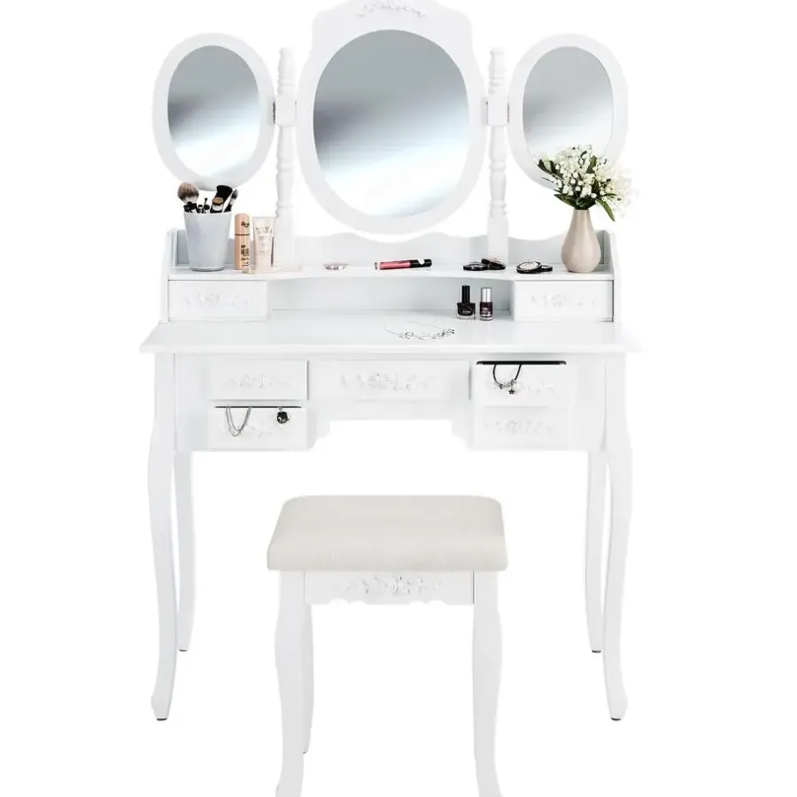 Kaptafels-tectake Makeup-tafel met 7 lades, spiegel en hocker in antieke look, Wit