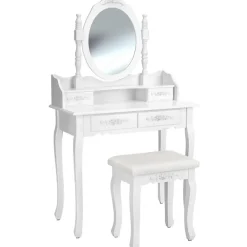 Kaptafels-tectake Makeup-tafel met spiegel en hocker in antieke look, Wit