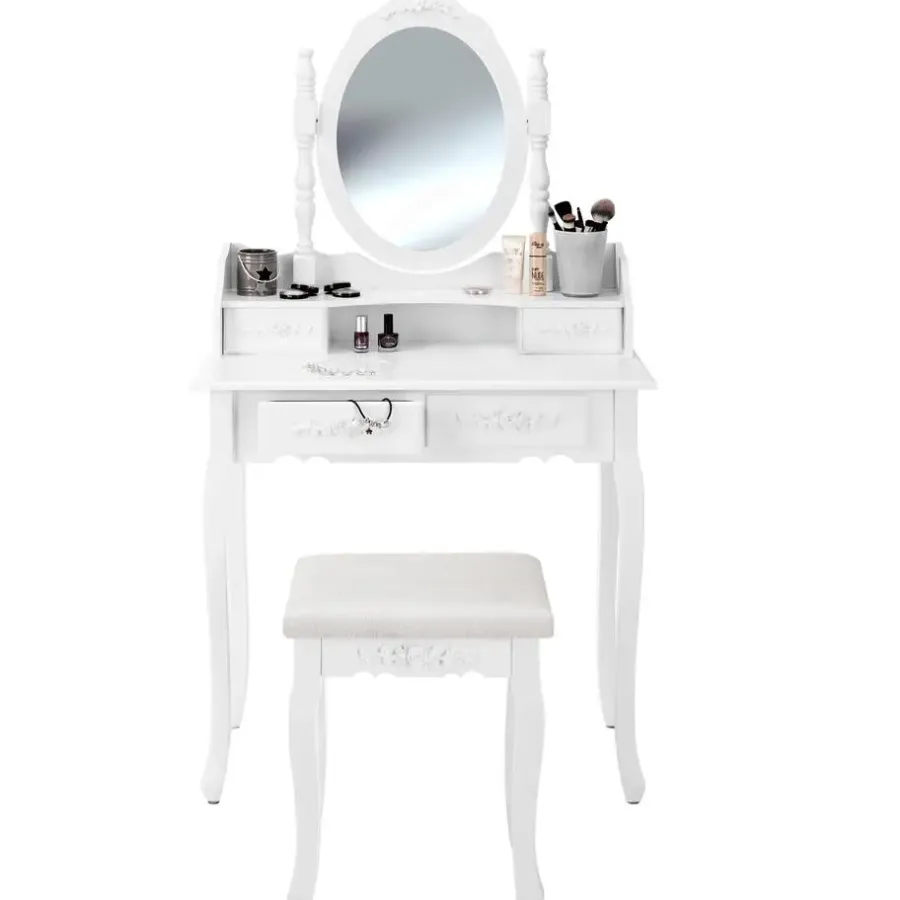 Kaptafels-tectake Makeup-tafel met spiegel en hocker in antieke look, Wit