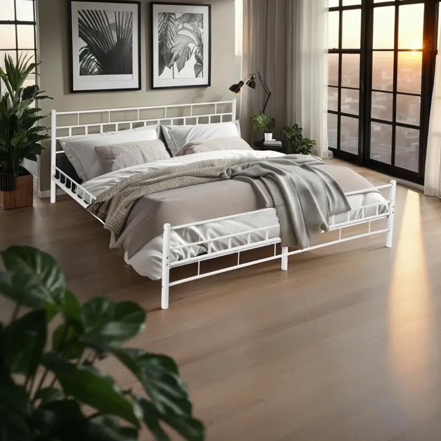 2-Persoons Bedden-tectake Metalen bed met lattenbodem in modern ontwerp, 200 x 180 cm, Wit