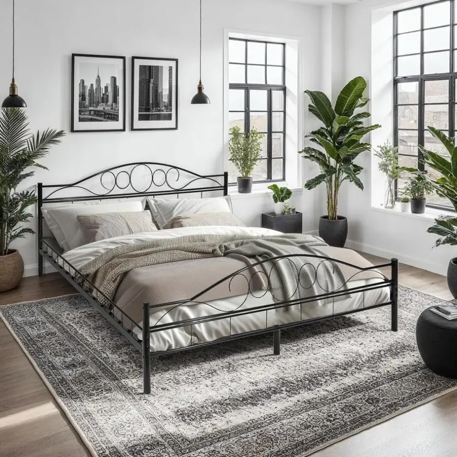 tectake Metalen bed met lattenbodem in romantisch ontwerp, Zwart/zwart