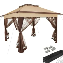 Terrasoverkappingen-tectake Tuinpaviljoen Carabobo opvouwbaar 3,64x3,64x2,94m, Bruin