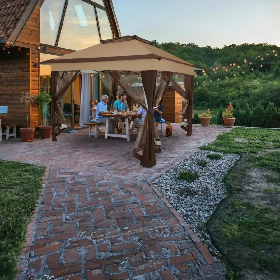 Terrasoverkappingen-tectake Tuinpaviljoen Carabobo opvouwbaar 3,64x3,64x2,94m, Bruin