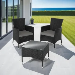Bistro- & Balkonsets-tectake Wicker bistroset Luzern 2+1 met kussenhoezen in 2 kleuren - Zwart