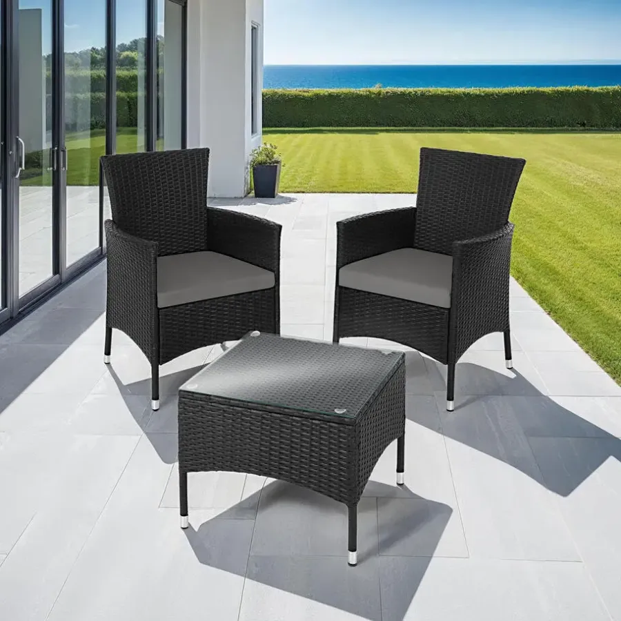 Bistro- & Balkonsets-tectake Wicker bistroset Luzern 2+1 met kussenhoezen in 2 kleuren - Zwart