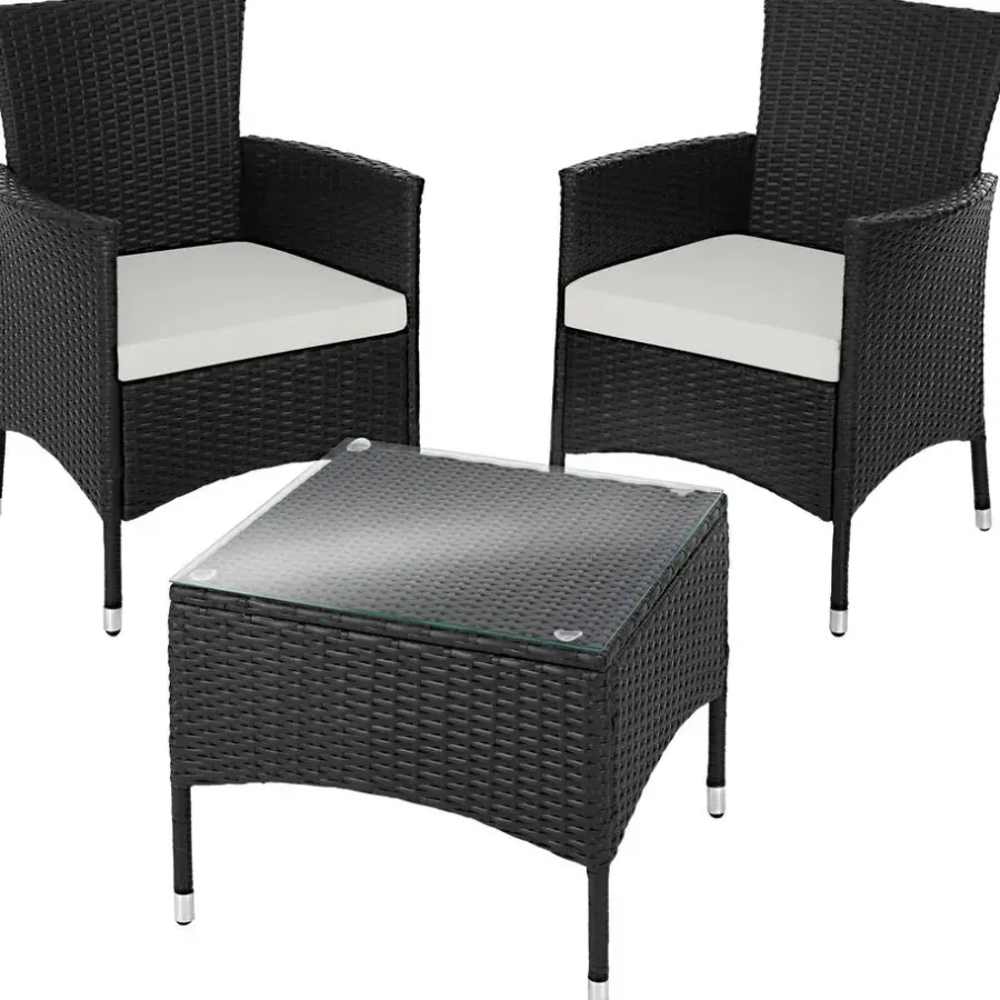 Bistro- & Balkonsets-tectake Wicker bistroset Luzern 2+1 met kussenhoezen in 2 kleuren - Zwart
