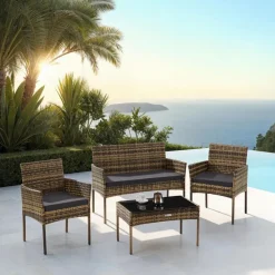 Loungesets-tectake Wicker loungeset Palese voor 4 persone - Natuur