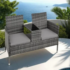 tectake Wicker tuinbank met tafel, Grijs/lichtgrijs