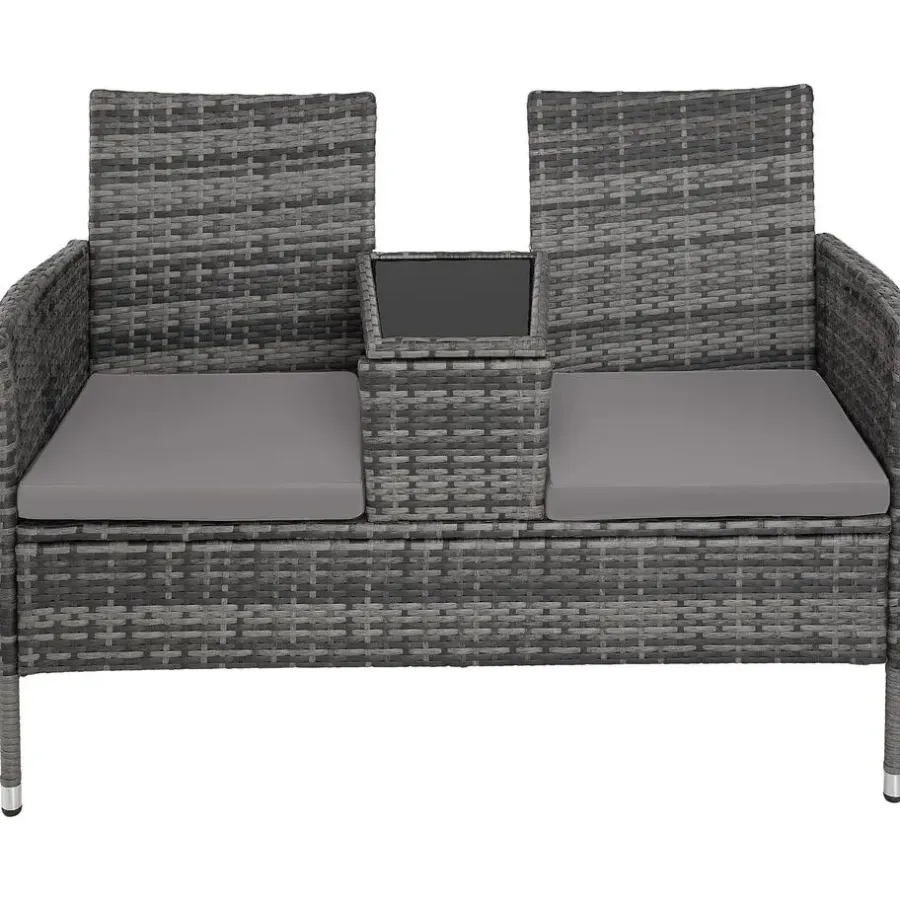 tectake Wicker tuinbank met tafel, Grijs/lichtgrijs