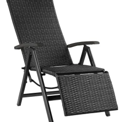 Tuinstoelen-tectake Wicker tuinstoel opklapbaar met aluminium frame en voetsteun, Zwart